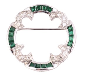 White Gold Diamond Green Emeralds Brooch Pin