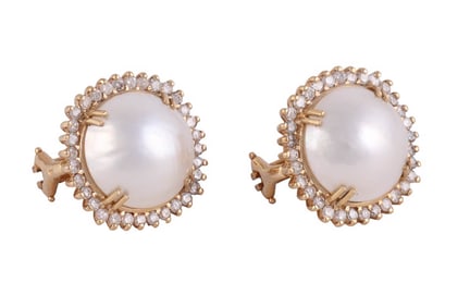 14K Gold Cultured Mabe Pearl Diamond Earrings PAIR