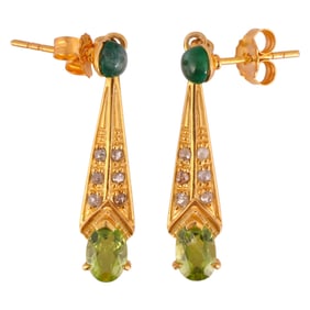 Gilt Silver Diamond Peridot & Emerald Earrings
