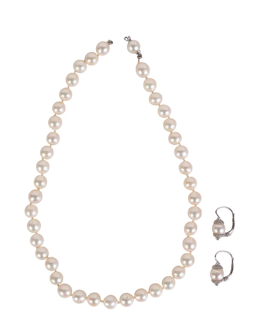 Saltwater Cultured Pearl 18K Necklace & Earrings: Saltwater cultured pearl jewelry suite including a single strand necklace of individually knotted white pearls and a pair of drop earrings capped with decorative 18k gold mounts and lever back closure