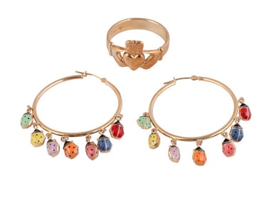 14k Gold Group Claddagh Ring Ladybug Earrings 10g
