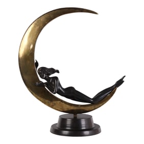 Art Deco Bronze Nude Lady Crescent Moon Sculpture