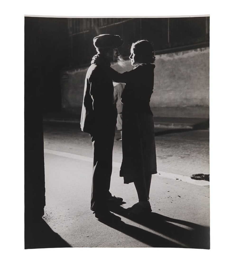 Brassai 1899-1984 Couples Gelatin Photo SIGNED: Gyula Halasz (Brassai) (Hungarian, 1899-1984), "Couple d'Amoureux, quartier Italie," circa 1932. Gelatin silver print capturing a black and white street scene with a couple shown in close silhouette.