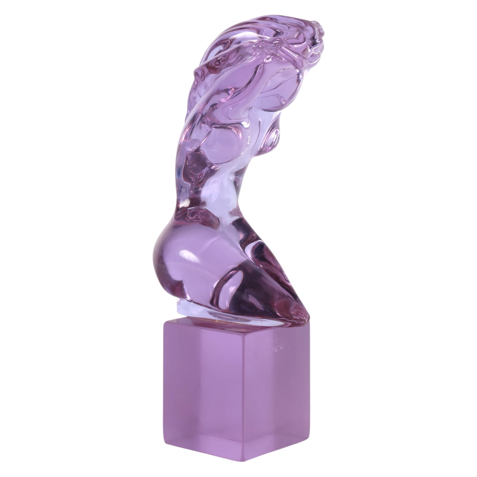 Murano Anatra Alexandrite Art Glass Nude Sculpture: Murano Italian art glass Alexandrite nude sculpture by Renato Anatra, featuring a light-reactive abstract molded female form on a square base. The glass shifts in color from light blue to lavender pur