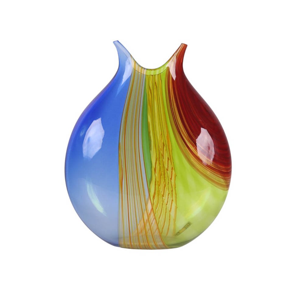 Michael James Amis b.1971 KOG Studio Glass Vase: Michael James Amis (English, born 1971) studio art glass vase. The vessel modeled with a rounded form with narrow pinched rim, executed in swaths of cobalt blue, green, yellow, and red glass with vert