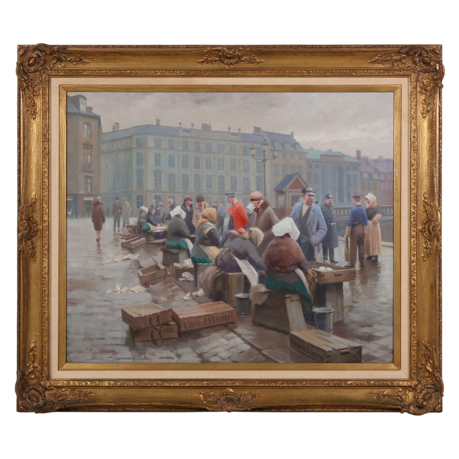 Antique European Fish Market Scene Oil Painting (1 of 6)