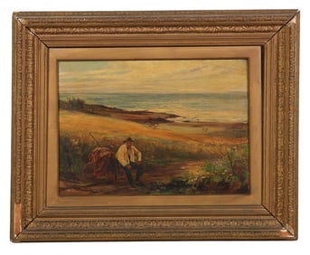 19C Coastal Figural Landscape Oil Painting SIGNED