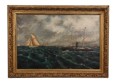 Antique Maritime Sailing Ships Oil Painting SIGNED