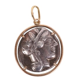 Ancient Silver Tetradraclim Coin 14K Gold Setting