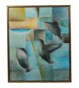 Mid Century Modern Abstract Flying Doves Painting