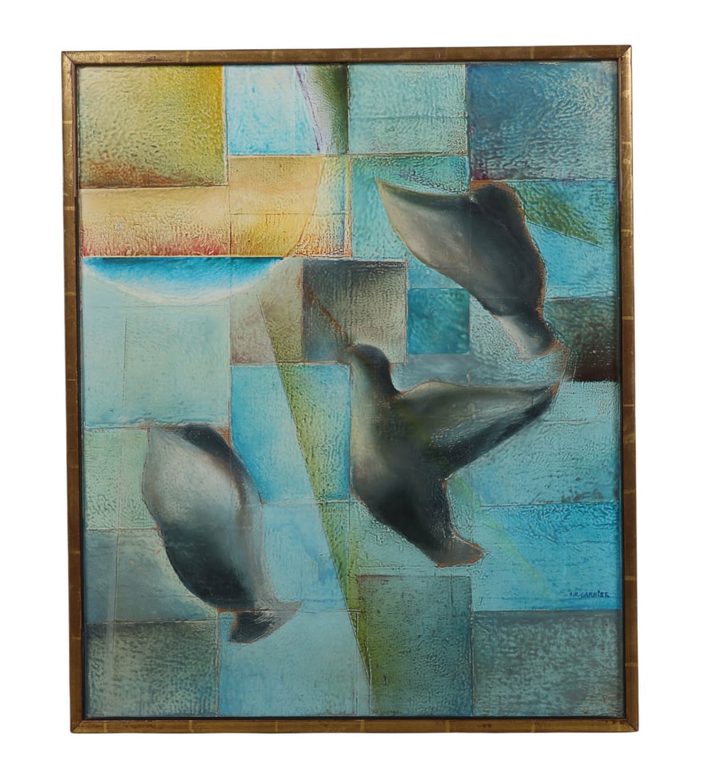 Mid Century Modern Abstract Flying Doves Painting (1 of 6)