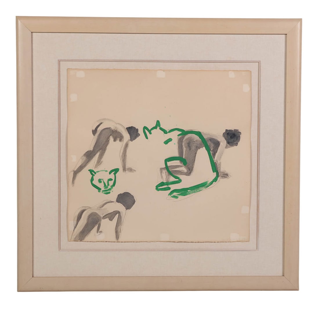 David Salle b.1952 Figural Nude Abstract Painting: David Salle (American, born 1952), mixed media on paper dated 1979 combining paint and pencil with abstracted forms, outlined figures in pencil grey, and cats in green tones. Verso retains a Martin La