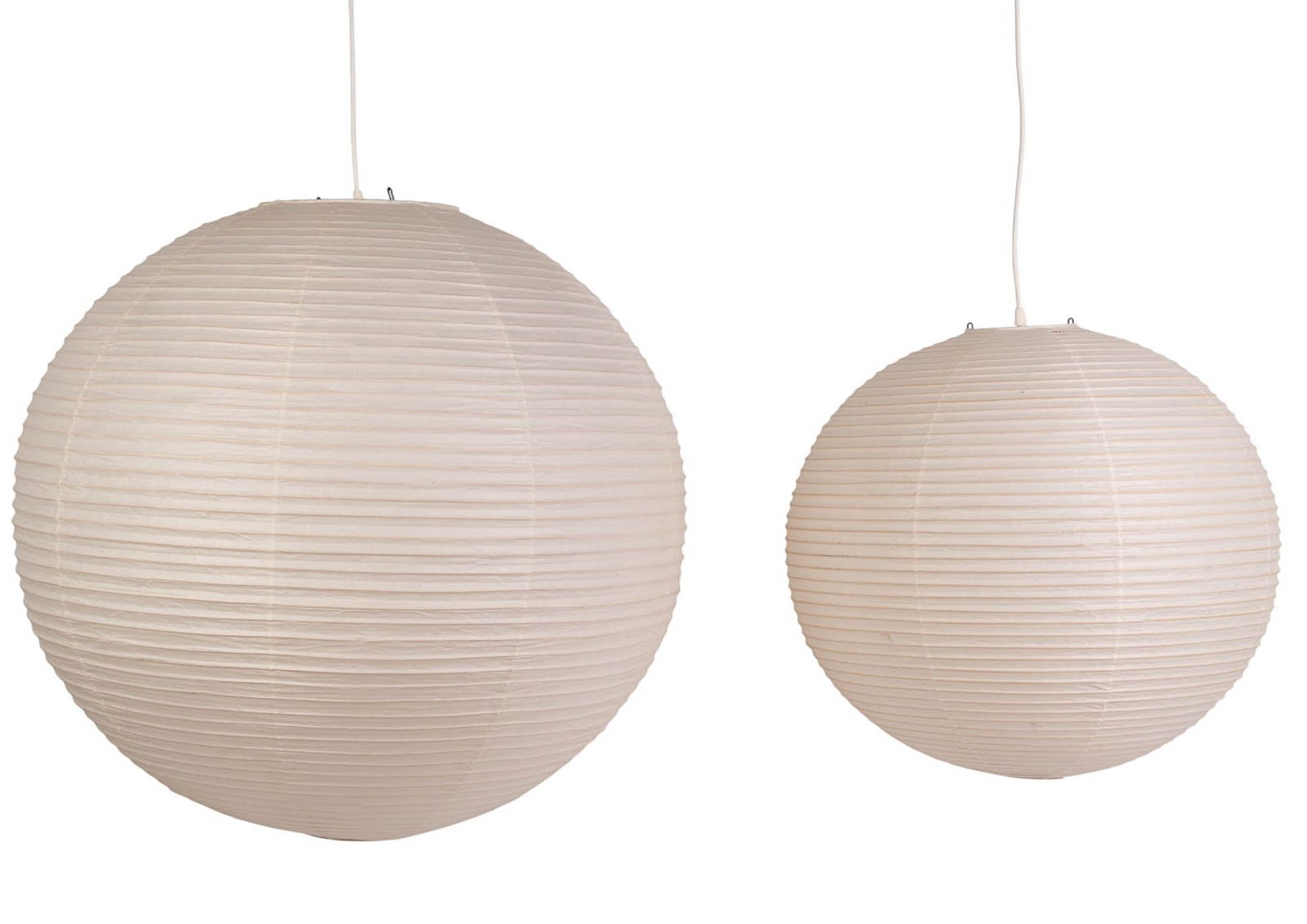 Vintage Isamu Noguchi Hanging Paper Lanterns LOT: Isamu Noguchi lot of two Akari pendant lamp chandelier sculptures crafted from handmade washi paper over bamboo ribbing with black metal wire support. Both lamps bear Noguchis red sun logo and printed