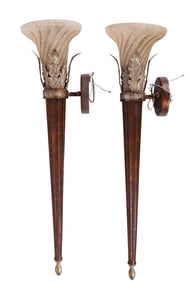 Art Deco Glass Shade Wall Mount Torch Sconces PAIR