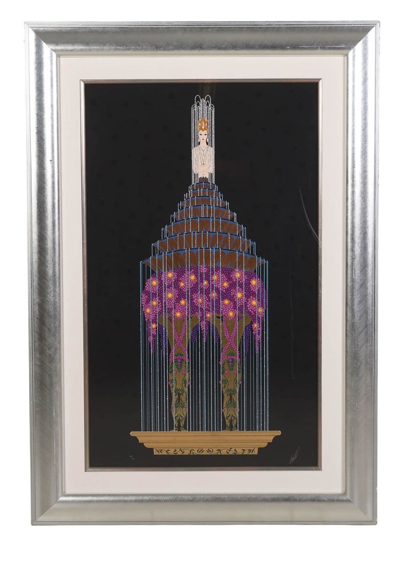 Erte 1892-1990 Perfume in Purple Serigraph SIGNED: Erte (Romain de Tirtoff) (Russian-French, 1892-1990), color serigraph on paper titled Perfume featuring a stylized Art Deco composition with an elongated figure integrated into an architectural inspir