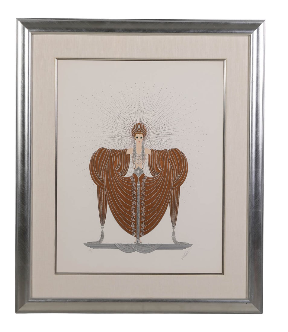 Erte 1892-1990 Radiance in Gold Serigraph SIGNED: Erte (Romain de Tirtoff) (Russian-French, 1892-1990), color serigraph on paper titled Radiance depicting a stylized Art Deco figure in an elaborate costume rendered with metallic tones. Signed in penc