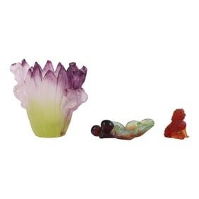 Daum Pate de Verre Art Glass Vase Figurine Dish 3p