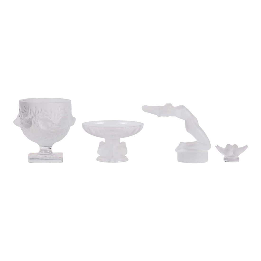 Lalique Chrysis Nogent Elizabeth Sculpture Vase 4p: Lalique France lot of four crystal art glass works in frosted and clear finishes. Includes a Chrysis nude hood ornament figure modeled as a reclining woman (originally designed 1931), a Nogent compote