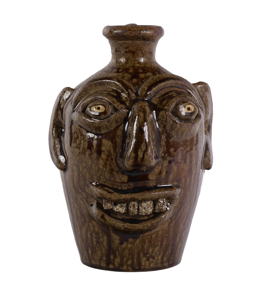 Ben Allman 20C Southern Folk Art Pottery Face Jug: Ben Allman (American, 20th/21st century), Southern folk pottery stoneware face jug hand made in traditional style with applied sculptural features including wide eyes, prominent nose, expressive brows