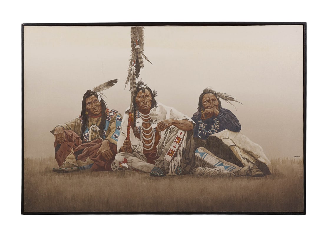 John Pace 1930-2006 Three Sitting Indians Painting (1 of 7)