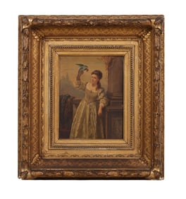 Antique Portrait of Woman & Bird Painting SIGNED