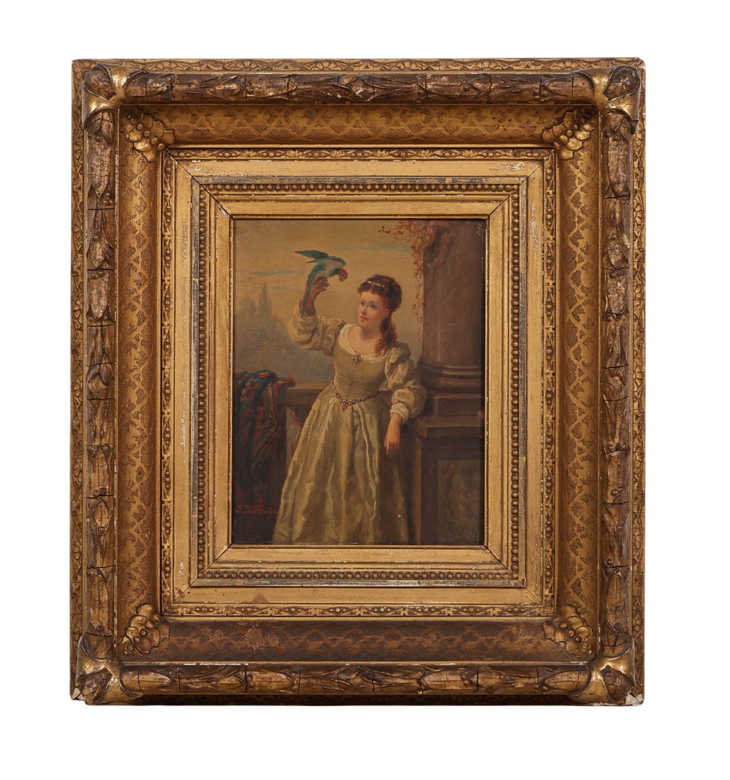 Antique Portrait of Woman & Bird Painting SIGNED: Antique oil painting on wood board depicting a young woman in a green gown standing before an architectural backdrop with a parrot perched on her hand. Signed lower left. Presented in a gilt frame wit