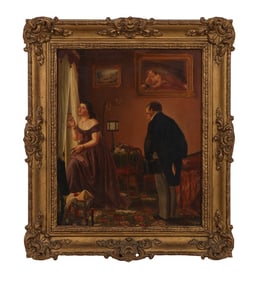Antique Courting Couple Genre Scene Oil Painting