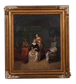 Antique Figural Genre Scene Oil Painting SIGNED