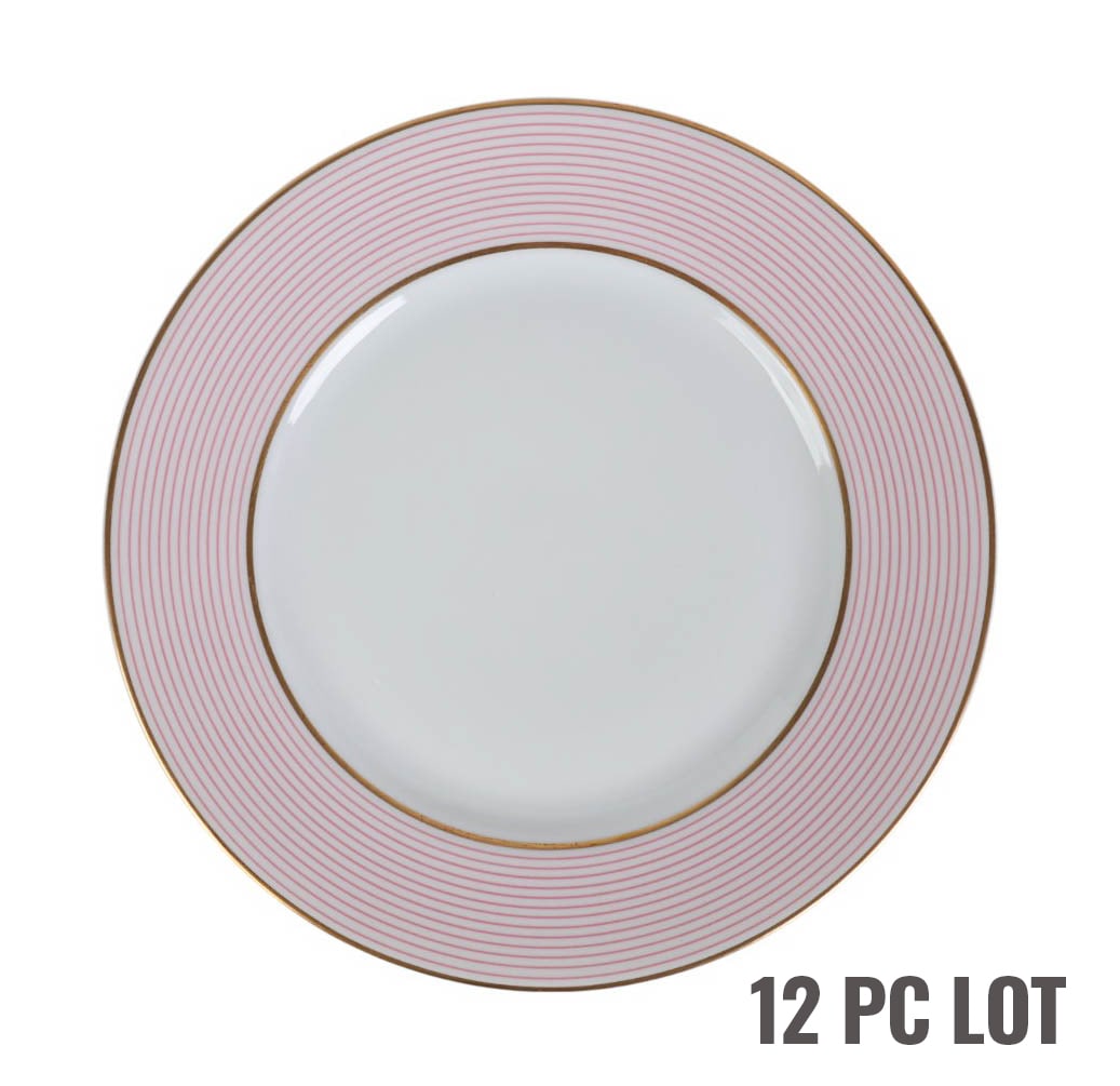 Raynaud Crinoline Pink Porcelain Dinner Plates SET: Raynaud Limoges France set of twelve porcelain dinner plates in the Crinoline Pink pattern produced between 1986 and 2002. Each features concentric pink lines on a white ground bordered with double gi