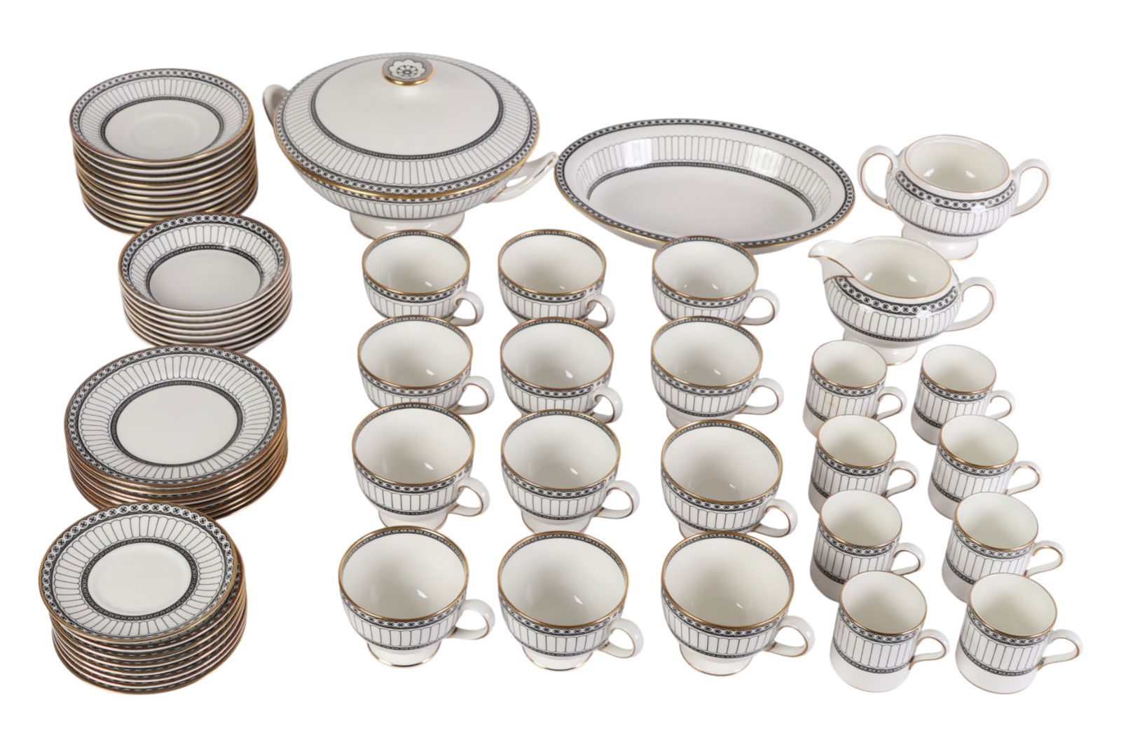 Wedgwood Colonnade Cup Saucer Plate Tureen 60p LOT: Wedgwood England sixty piece lot of bone china dinnerware in the Colonnade pattern W4340, produced from 1960 through 2004. Features white ground with black geometric borders and gilt trim. Includes ei
