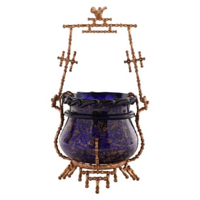 Antique Victorian Blue Glass & Bronze Bride Basket