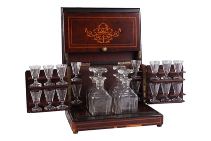 Antique Marquetry Tantalus Box w/ Decanter Cordial