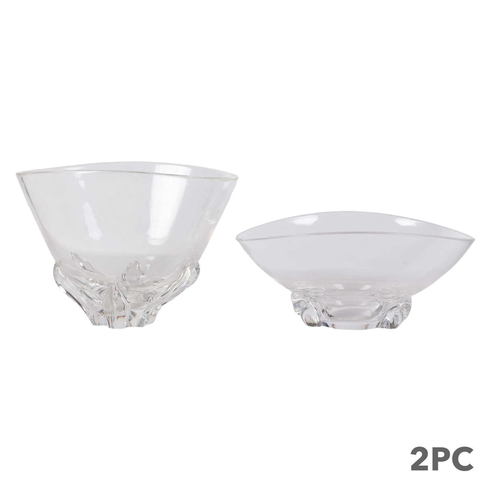 Steuben Crystal Art Glass Centerpiece Bowls 2p LOT: Large-scale Steuben pair of clear crystal decorative art glass bowls. Each bowl features a freeform asymmetrical rim with thick walls, rising from a sculptural base of pulled and twisted petal-like el