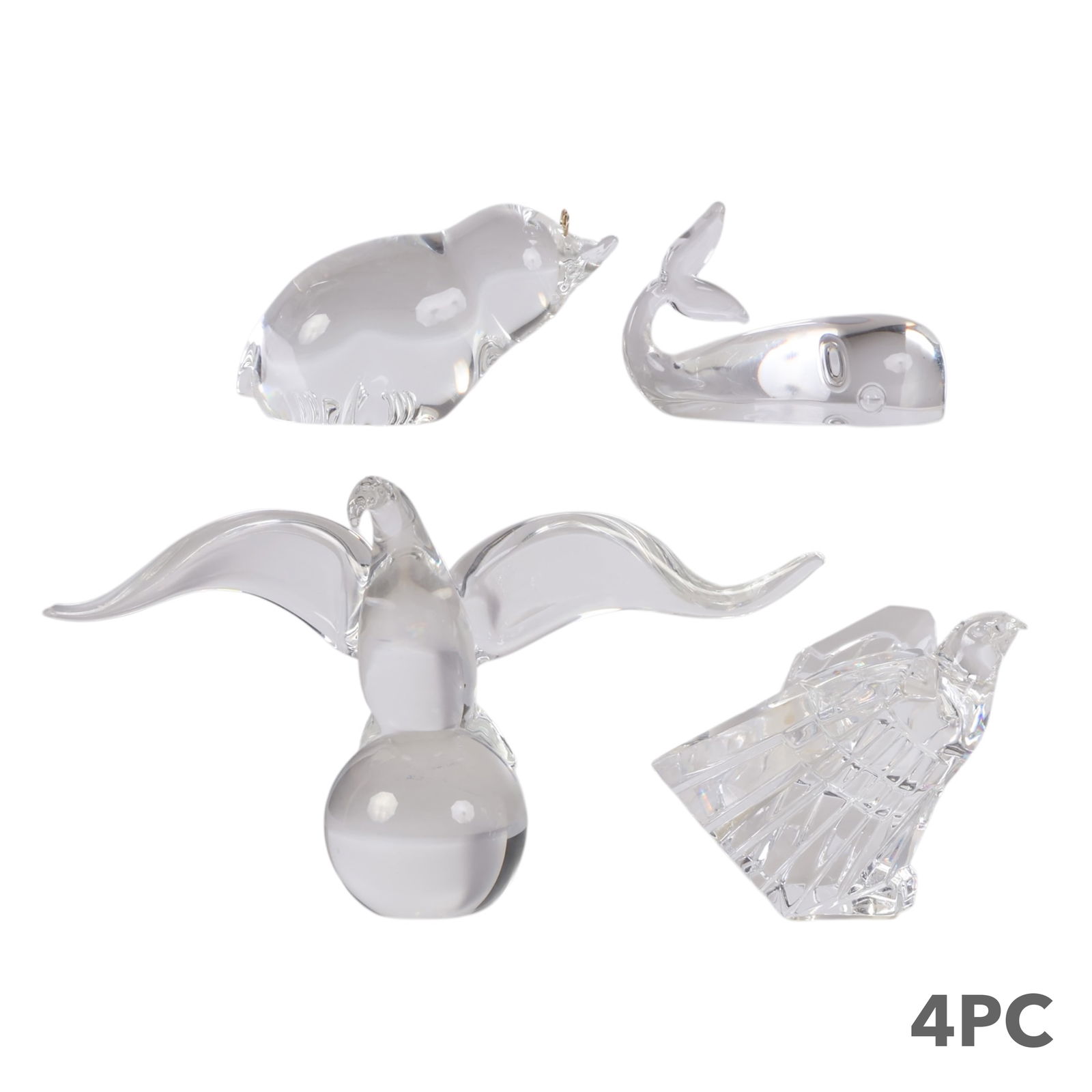 Steuben Crystal Eagle Whale Mole Glass Sculptures: Steuben grouping of four clear crystal studio-crafted art glass sculptures comprising a stylized American eagle with fanned wing detail, a mole with 18K yellow gold eyeglass frames, a whale with raise
