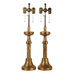 Nancy Corzine Pair Gilt Designer Hammered Lamps