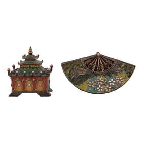 Jay Strongwater Enamel Jewel Fan & Pagoda Box LOT