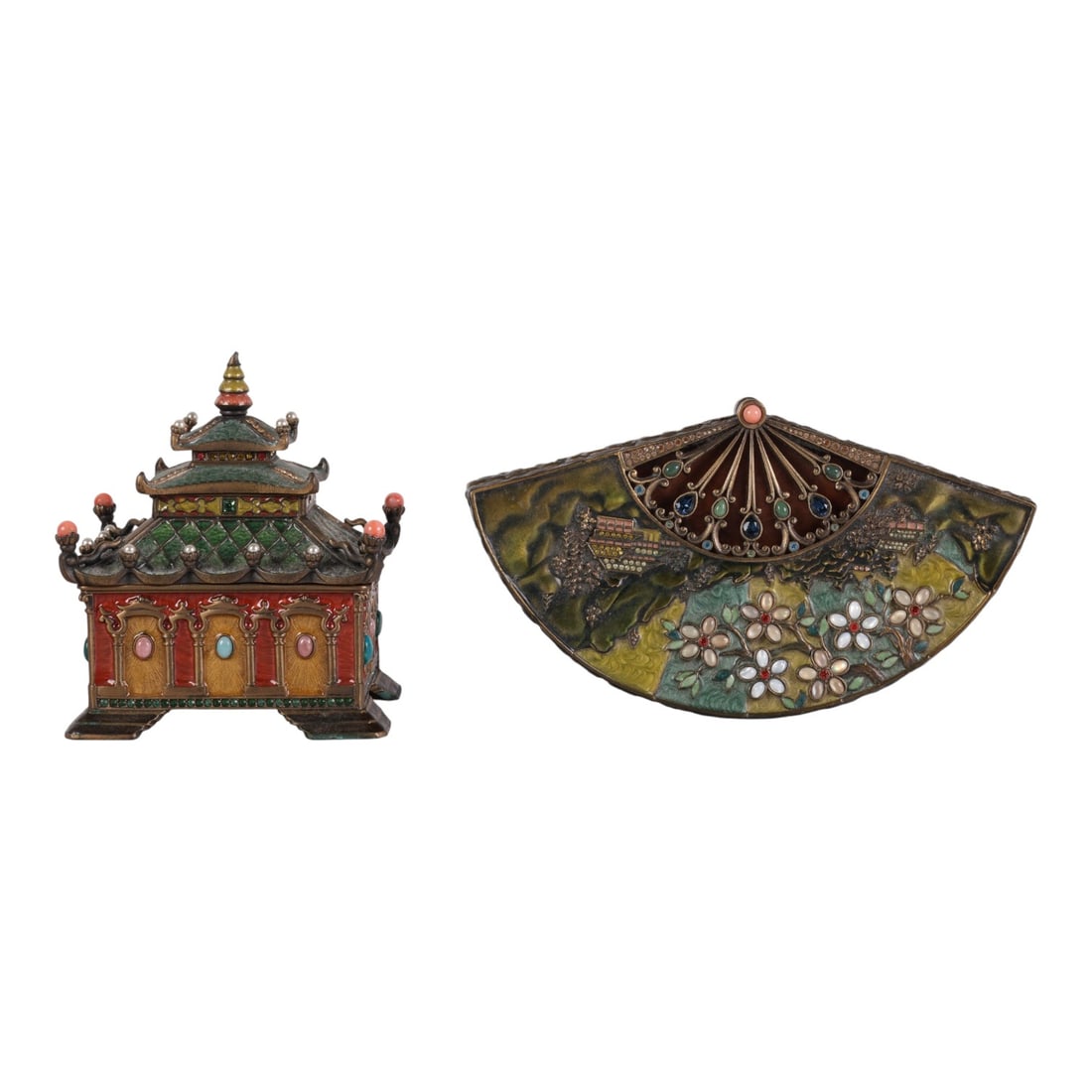 Jay Strongwater Enamel Jewel Fan & Pagoda Box LOT (1 of 9)