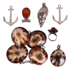 Sterling Shell & Amber Bracelet Pendant & Ring LOT