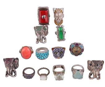 Sterling Silver & Gemstone Cocktail Rings 14pc LOT