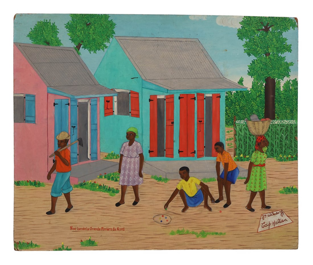 John Wilner Junior 20C Haitian Marbles Painting: John Wilner Junior (Haitian, 20th century), "Non loin de la Grande Riviere du Nord." Folk art painting on board depicting a village street with pastel-toned houses and figures engaged in daily life, i