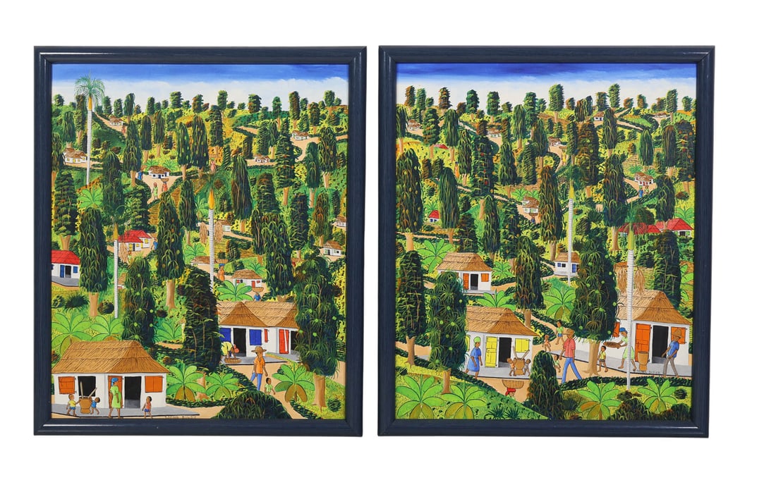 J.Felder Dubique 20C Haitian Diptych Paintings: J. Felder Dubique (Haitian, 20th century), Haitian diptych painting on canvas depicting village scenes with thatched-roof houses, villagers engaged in daily tasks, and children at play, set within tro