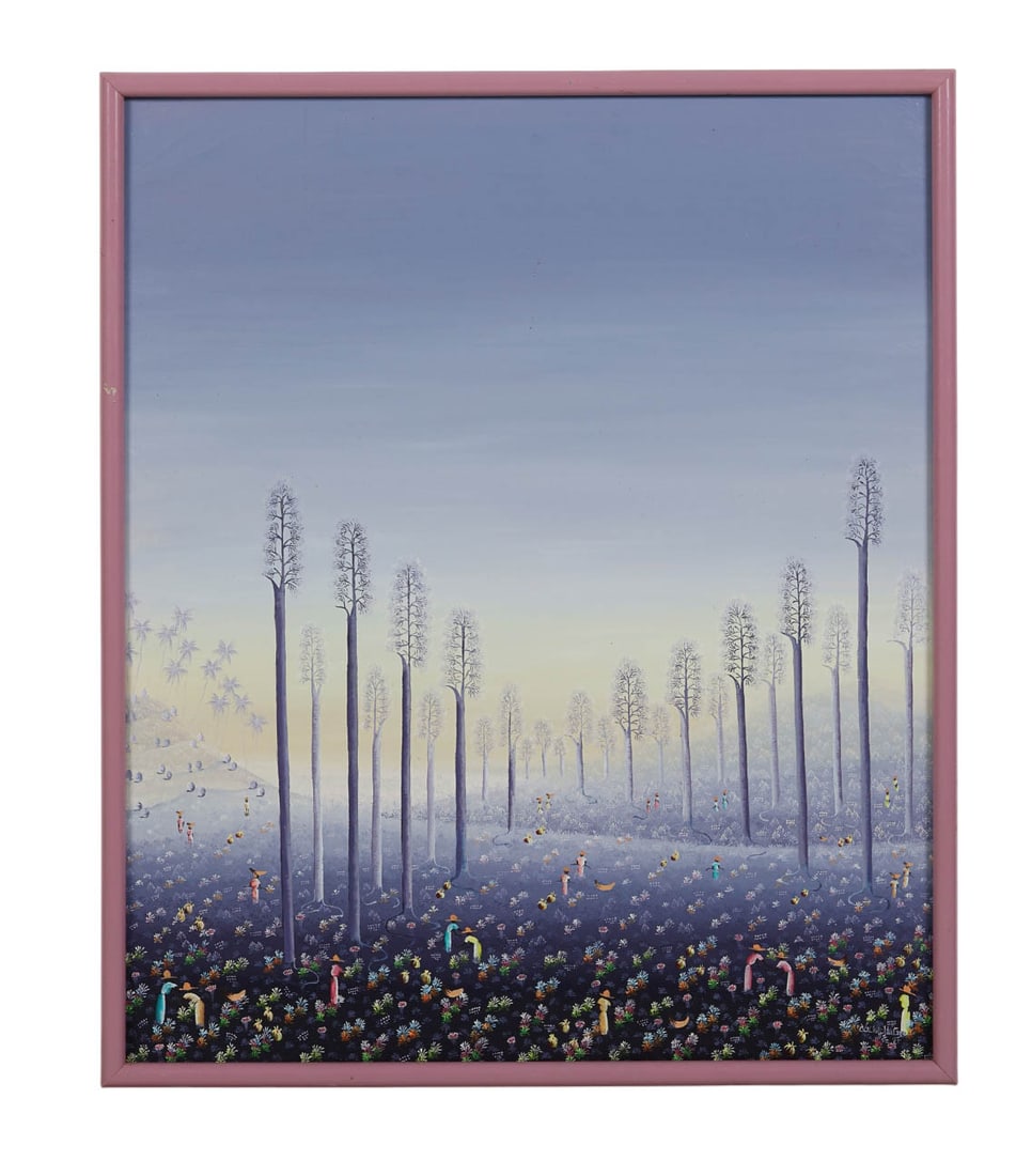 Victor Hugo 20C Haitian Harvesting Scene Painting: Victor Hugo (Haitian, 20th century), Haitian folk art painting on canvas depicting a stylized forest with tall slender trees and scattered figures harvesting among brightly colored foliage beneath a s