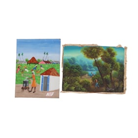 Haitian Folk Art Landscape Painting 2pc ESTATE LOT