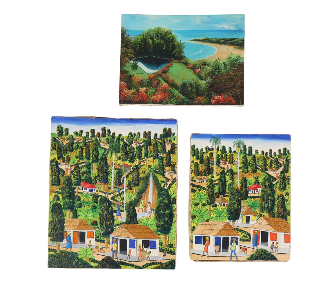 Three Haitian Folk Art Landscape Scene Paintings (1 of 8)