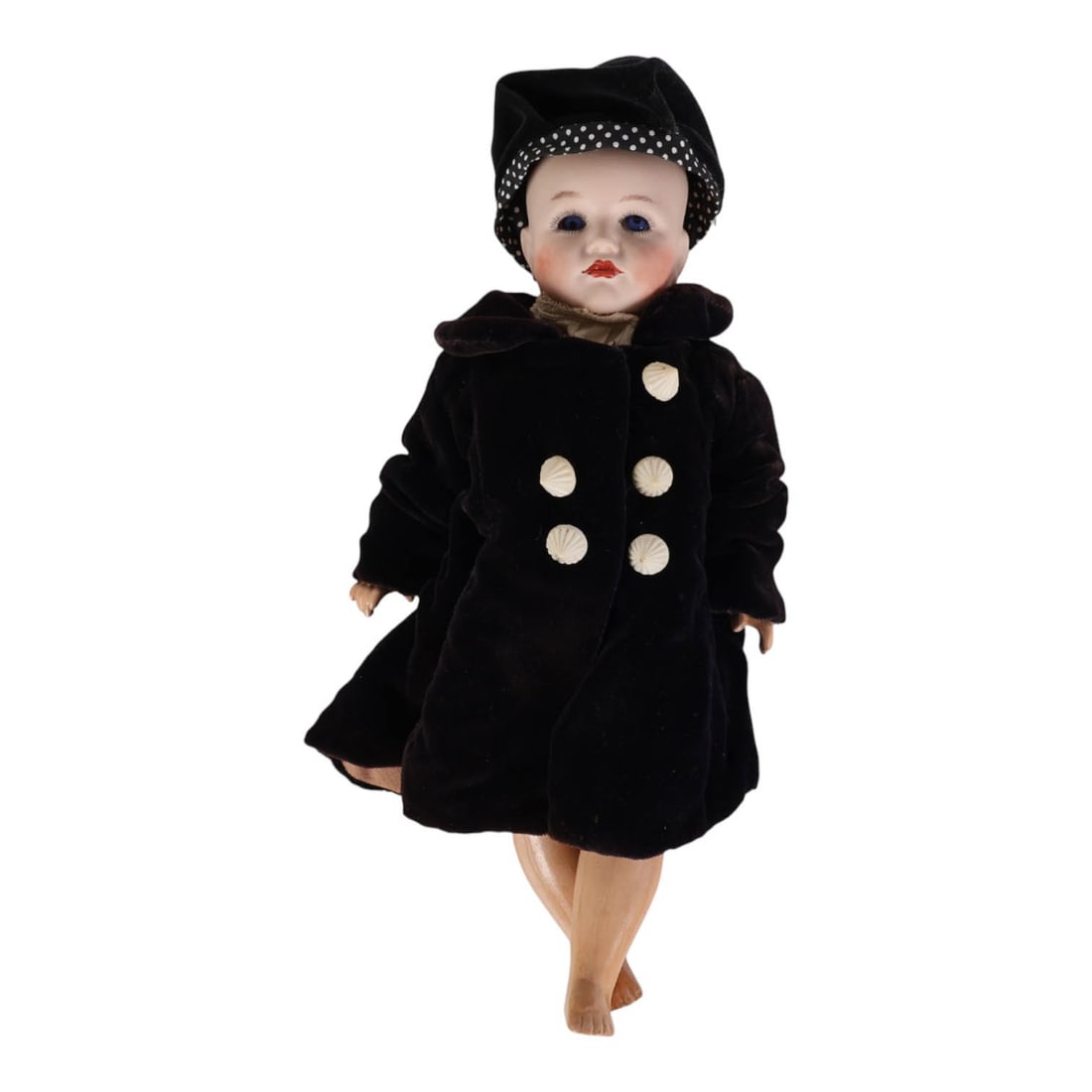 Kammer & Reinhardt Blue Eyed Antique Jointed Doll: Kammer & Reinhardt Germany late 19th to early 20th century doll with bisque porcelain head, blue glass eyes, painted lashes and brows, and closed mouth with red lips. Mounted on a jointed composition