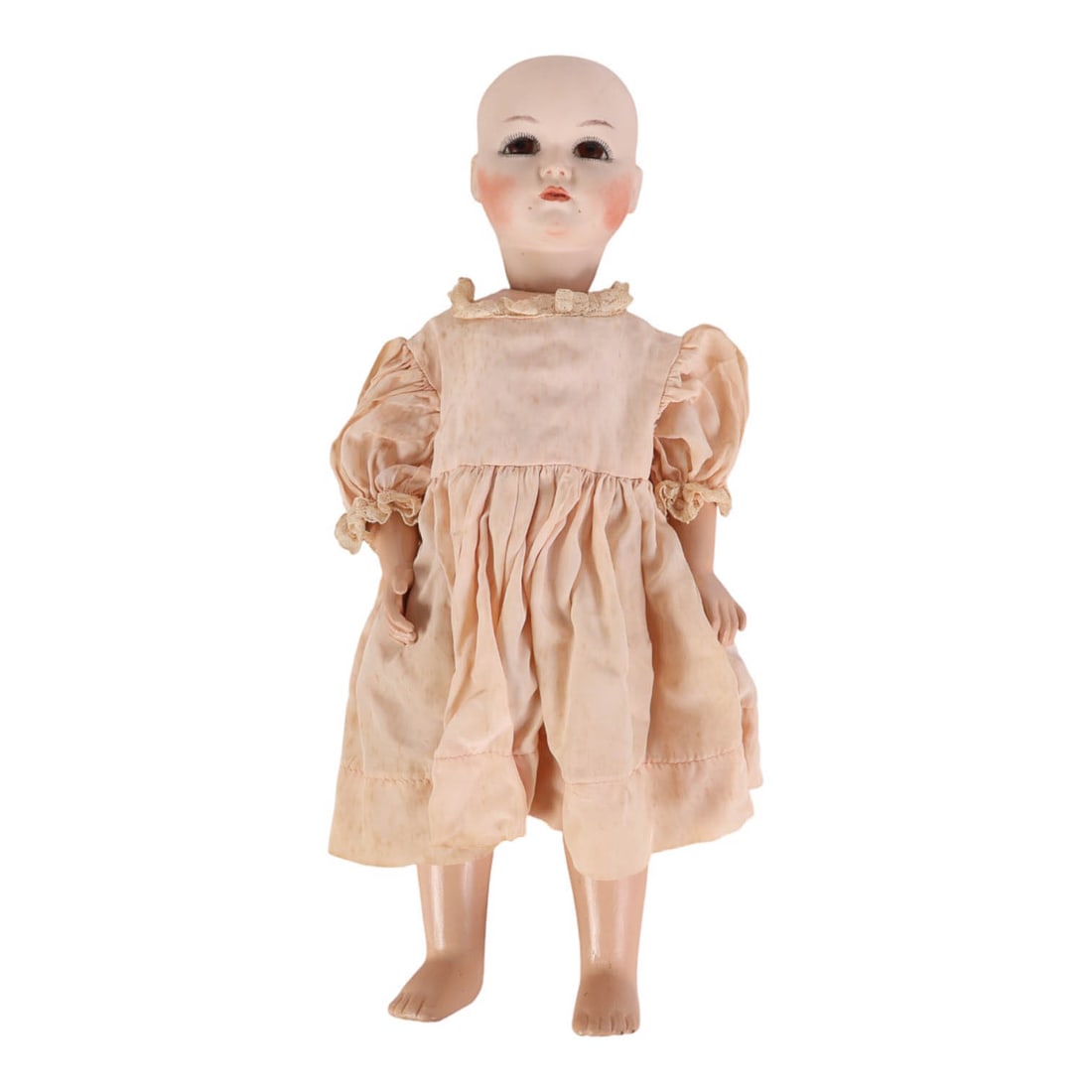 Kammer Reinhardt Brown Eyed Antique Bisque Doll: Kammer & Reinhardt Germany late 19th to early 20th century antique bisque porcelain head doll with brown glass eyes, painted lashes and brows, pink lips, and blushed cheeks. Mounted on a jointed compo
