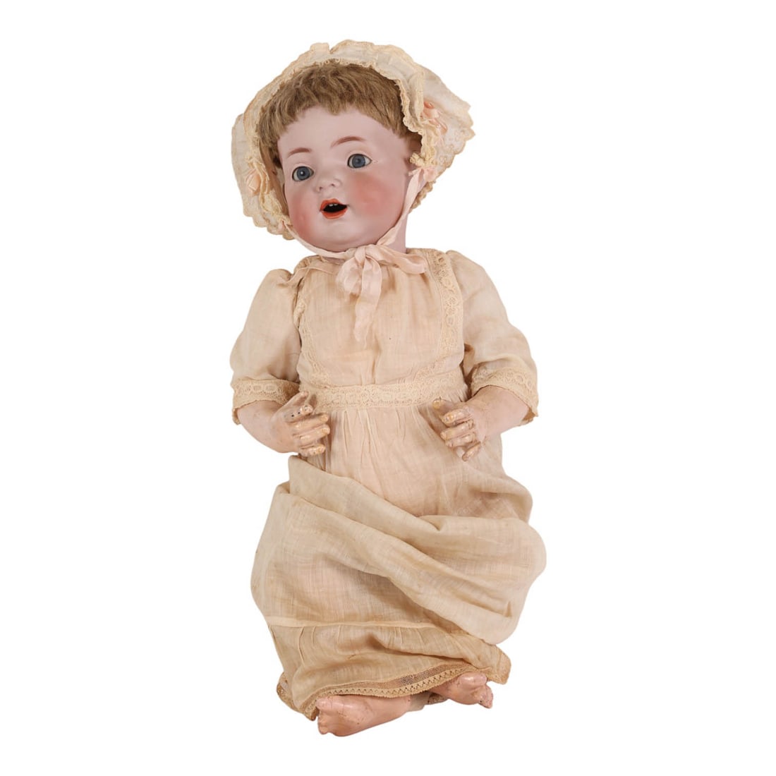 Simon Halbig Bisque Head Blue Sleep Eye Doll 19": Simon and Halbig German doll likely early 20th century modeled with a bisque porcelain head, blue glass sleep eyes, open mouth with teeth, blushed dimpled cheeks, painted brows, and brown hair possibl