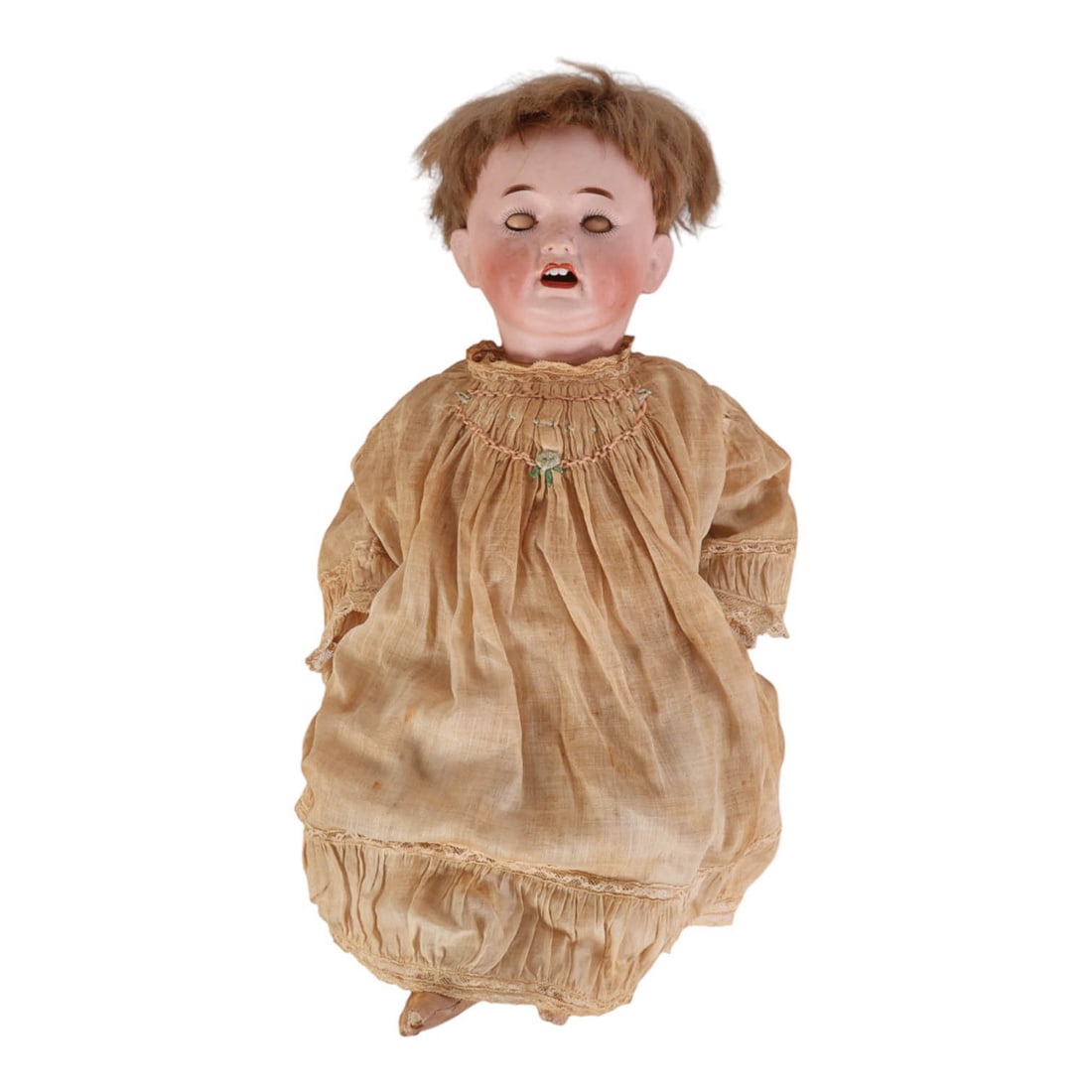 Morimura Brothers 15" Sleep Eye Doll w/ Open Mouth: Morimura Brothers Japan Nippon early 20th century bisque porcelain head doll modeled with an open mouth showing upper teeth, sleep glass eyes, painted lashes, and wig. Dressed in a cotton dress with l