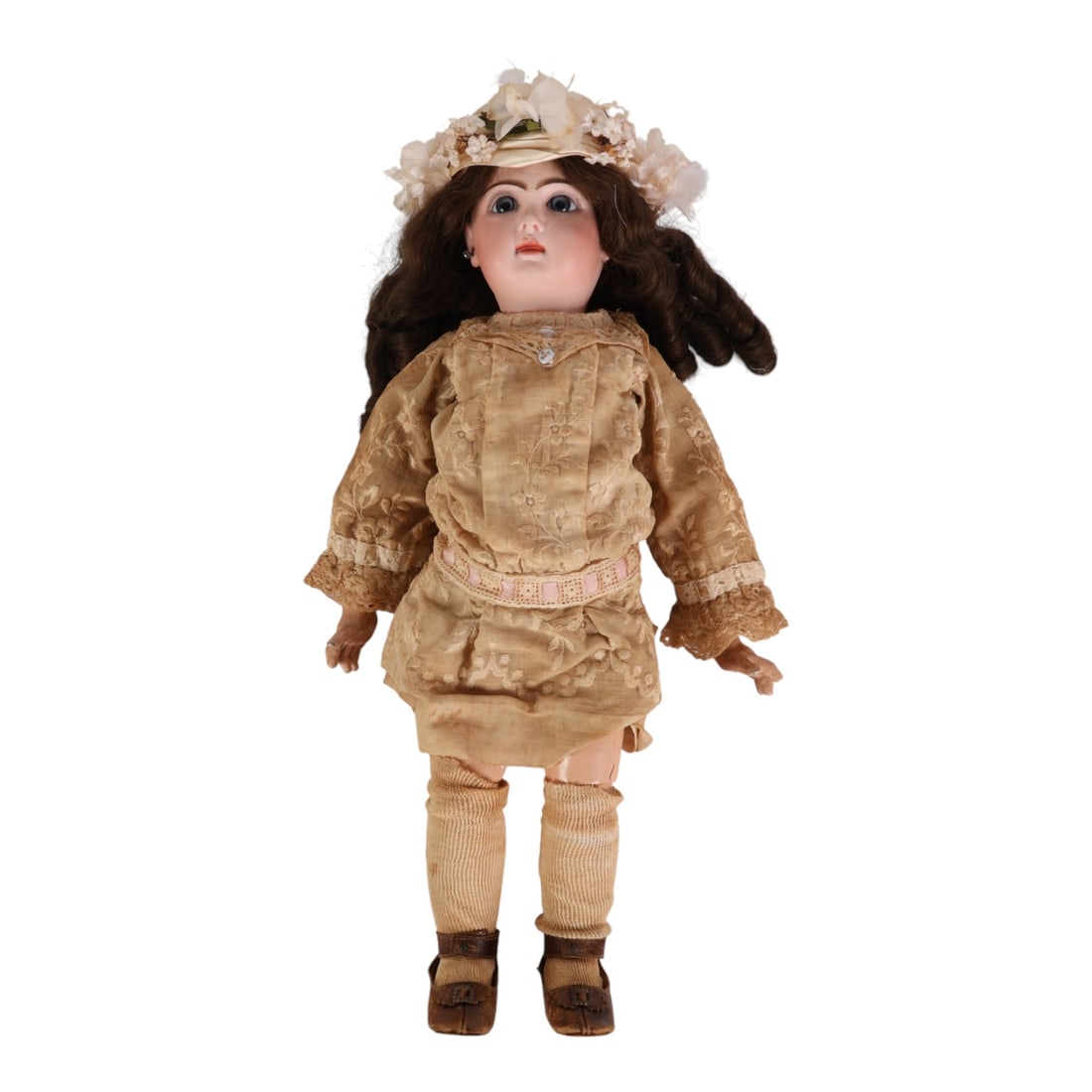 Jumeau Antique 21" Porcelain Head Composition Doll: Tete Jumeau antique French doll likely late 19th to early 20th century. Modeled with a bisque porcelain head, blue paperweight eyes, painted lashes and brows, open mouth with teeth, pierced ears, and