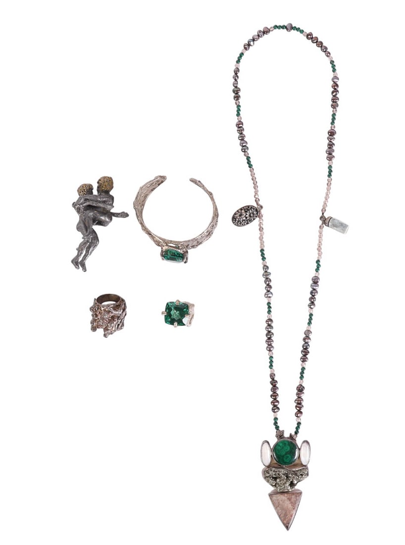 Mexico Sterling Brutalist Jewelry & Nude Figurines: Mexican sterling jewelry and metal nude figural mini sculptures. Jewelry includes a large .925 silver pendant necklace featuring malachite quartz pyrite and mother of pearl strung with freshwater pear